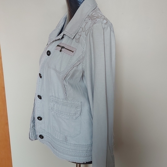 Cottagecore Linen Jacket Medium Y2K Floral Embroidery Boho Utility - Picture 3 of 9